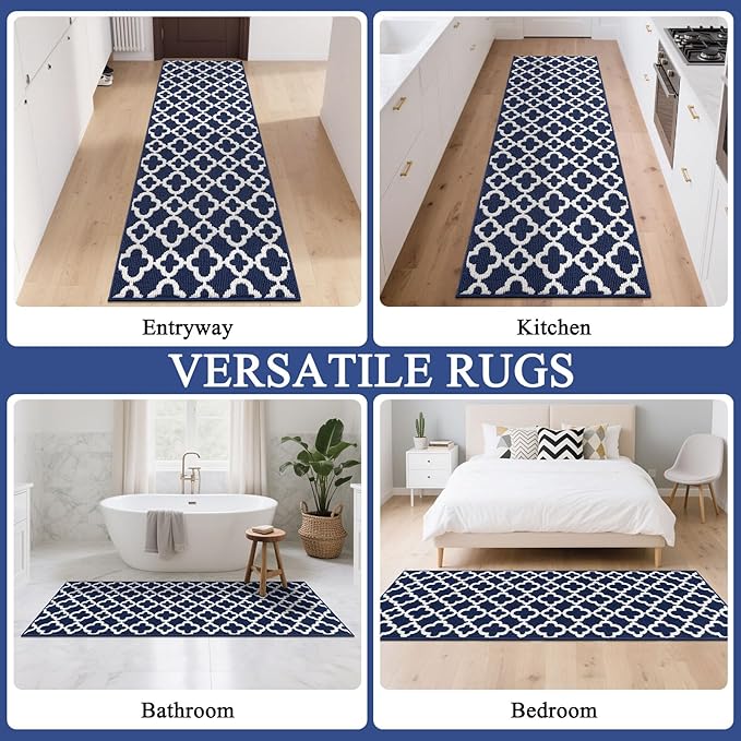 U'Artlines Long Runner Rug for Hallway 2×8feet Non Slip Kitchen Floor Carpet Runners Blue Geometric Pattern Machine Washable Area Rug for Entryway Bathroom