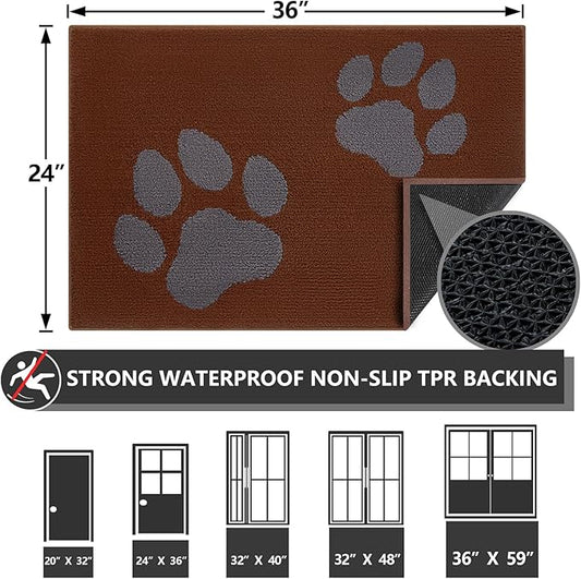 FONEYI Indoor Door Mat, 24"x36" Dog Mats for Muddy Paws, Rubber Backing Non Slip Super Absorbent Washable Entryway Rug, Low-Profile Front Back Door Mats, Inside Floor Doormats for Entryway, Brown