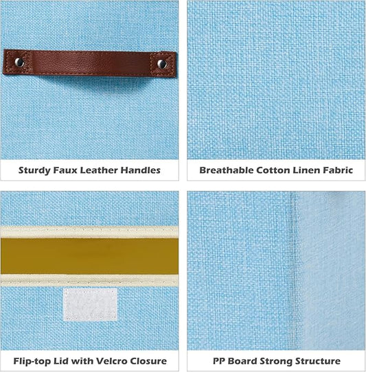2PCS Storage Boxes with Lid Cotton Linen Fabric Storage Bins Organizer Container Decorative Collapsible Washable Shelf Closet Baskets Faux Leather Handles Home Bedroom (Light Blue, Large)