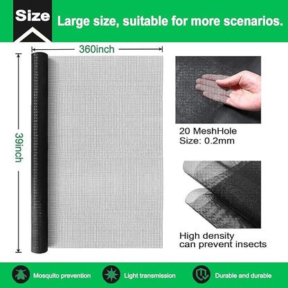 QWR Pet Proof Window Screen Replacement,39''x 360'' Heavy Duty High Hardness Vinyl Coated Wire-Like Mesh,Cat Resistant Screen Mesh for Sliding Door,Patio,Windows(Rolled Package Without Tool Kit)