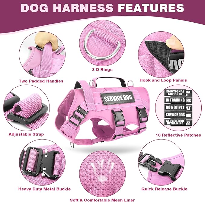 WINSEE Service Dog Vest Harness for Large Dog, Tactical Working MOLLE Vest with 10 Pet Patches, No Pull Heavy Duty Harness for Training Walking