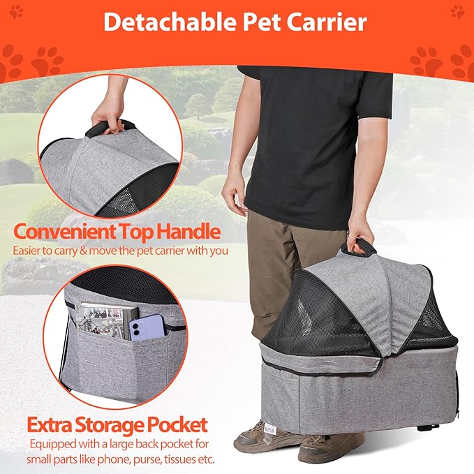 4 Wheels Dog Stroller Folding Pet Strolling Cart for Small Medium Cats Puppies with Storage Basket Cup Holder Detachable Carrier, Gray