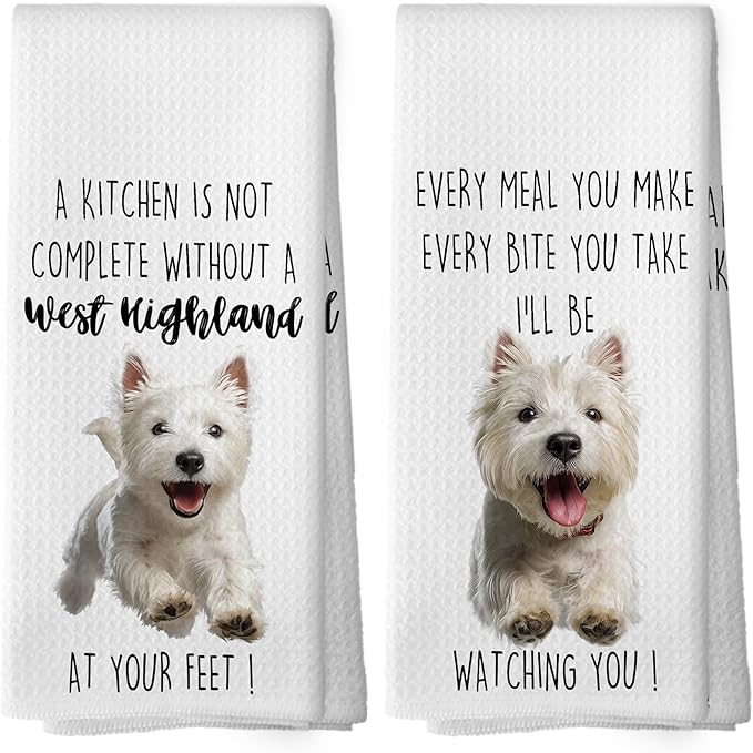 West Highland Dog Kitchen Towels Set of 2, Funny Dog Kitchen Decor, Dogs Gifts for Women Men Hand Towel, Pet Owner Gift Decorative Tea Towels Dish Towel 16x24 Inch