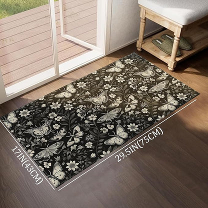 Moth Indoor Door Mat,Classic Vintage Goth Floor Doormat,17x29.5in,Non Woven Non Slip Rubber Backing Black White Floral Rug for Porch Insider,Bedroom,Kitchen,Doormats Gifts,Rv Camper Decor