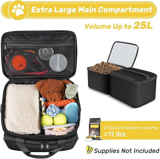 6 Set Dog Travel Bag, Large Pet Travel Kit for Supplies Includes 2 Food Containers, 1 Pet Organizer for Dogs, 2 Collapsible Bowls, 1 Treat Pouch, Dog Weekend Overnight Bag Luggage, Black