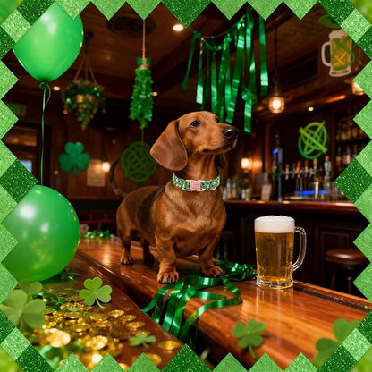 St. Patrick's Day Dog Collar, Beer & Clover Green Dog Collars, Adjustable Heavy Duty Irish Shamrock Pet Collar for Small Medium Large Dogs with Metal Buckle XS