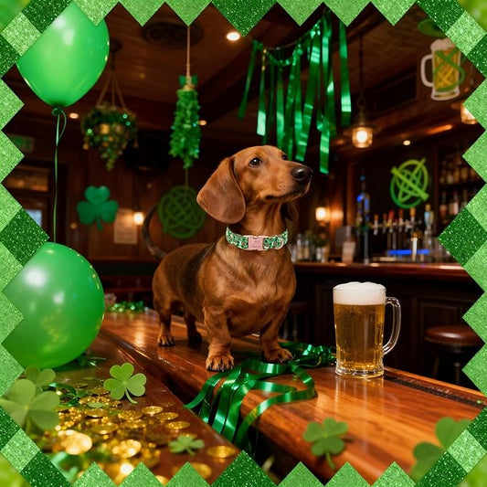 St. Patrick's Day Dog Collar, Beer & Clover Green Dog Collars, Adjustable Heavy Duty Irish Shamrock Pet Collar for Small Medium Large Dogs with Metal Buckle S