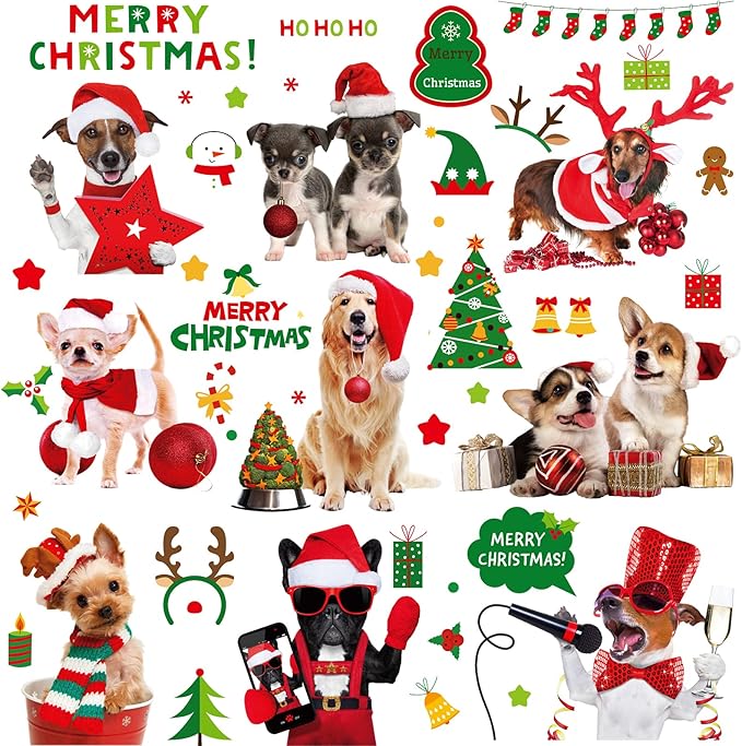 Christmas Window Cling Dog Stickers for Window Glass, 164 PCS 9 Sheets Xmas Decals Decorations Christmas Dog Tree Bells Decals for Holiday Party
