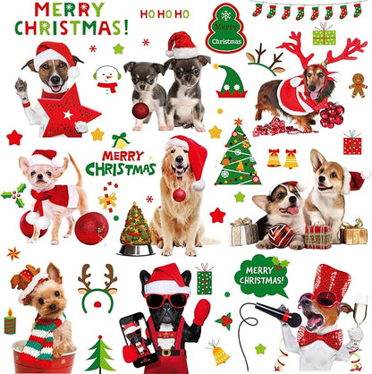 Christmas Window Cling Dog Stickers for Window Glass, 164 PCS 9 Sheets Xmas Decals Decorations Christmas Dog Tree Bells Decals for Holiday Party