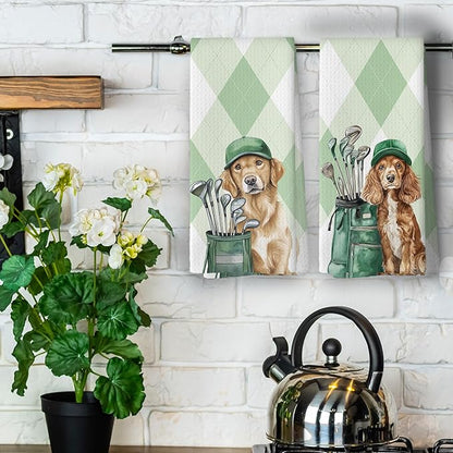 Golf Dog Kitchen Towels - Golden Retriever Cocker Spaniel Dish Towels, Sports Gifts, Pet Golf Club Decorative Absorbent Dishcloths Hand Towels Set of 2 for Spa Kitchen Gym Decor 16x24 Inches
