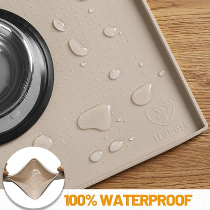 Hubulk Dog Feeding Mat,100% Waterproof Food Grade Silicone Pet Food and Water Bowl Placemat,Dishwasher, High Raised Edge to Prevent Spills,Nonslip Tray to Stop Messes on Floor（19"x12"x0.5", Taupe）