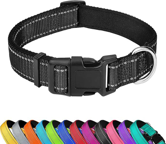 Reflective Dog Collar, Adjustable Soft Neoprene Padded Nylon Pet Collars with Buckle for Small Dogs, Black,S