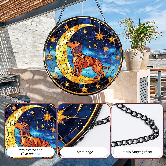 Dachshund Stained Glass Window Hanging Gifts, 7.8″ Weiner Dog Sun Catchers for Indoor Window Decor, Decorative Sun Catchers Home Wall Art Animal Memorial Gift