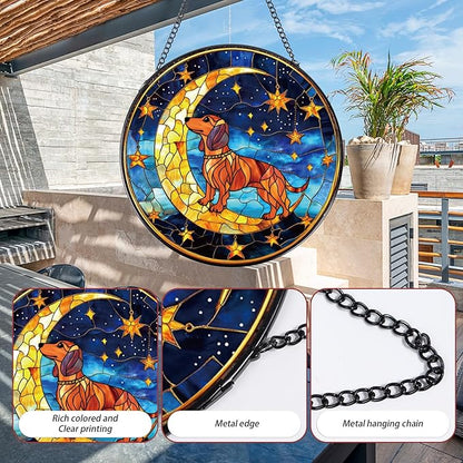 Dachshund Stained Glass Window Hanging Gifts, 7.8″ Weiner Dog Sun Catchers for Indoor Window Decor, Decorative Sun Catchers Home Wall Art Animal Memorial Gift