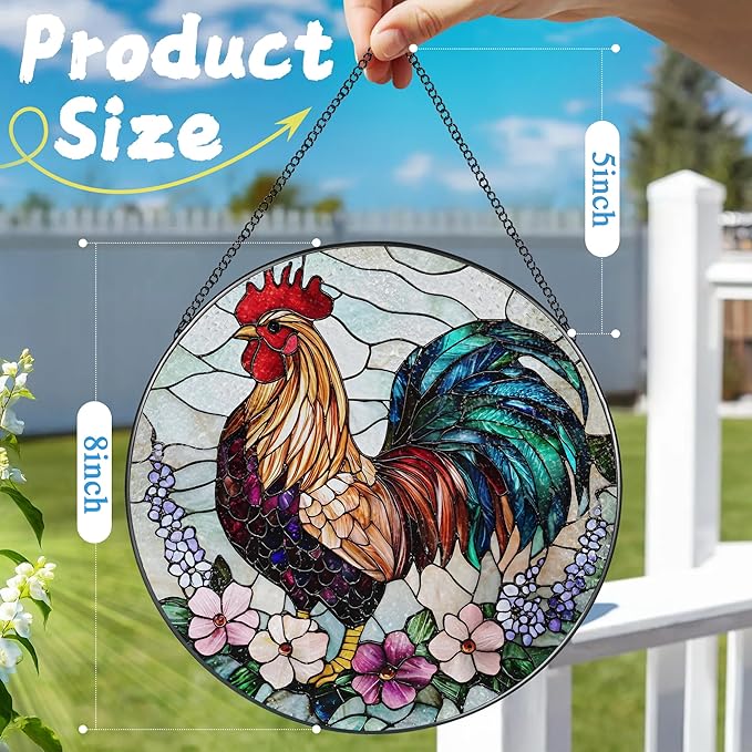 8″ Colorful Rooster Suncatcher, Stained Glass Window Hanging Ornament, Farmhouse Style Window Decor — Christmas Ornaments | Gifts for Christmas, Holiday Present, Gift Exchange, Gift Ideas