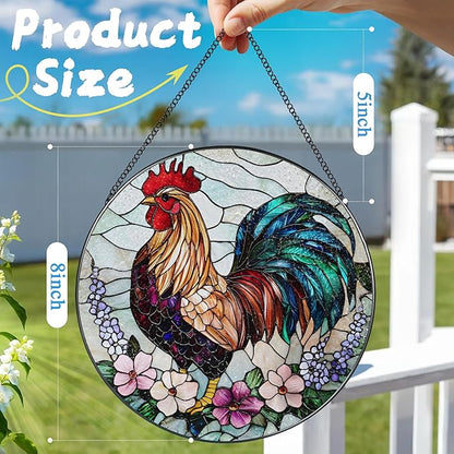 8″ Colorful Rooster Suncatcher, Stained Glass Window Hanging Ornament, Farmhouse Style Window Decor — Christmas Ornaments | Gifts for Christmas, Holiday Present, Gift Exchange, Gift Ideas