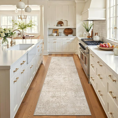 Art&Tuft Non-Slip Runner Rug - 2‘6x8 Runner Rug Washable Low-Pile Rugs Runners, Soft Distressed Carpet Runner for Bedroom Bathroom Kitchen Laundry Living Room, Beige