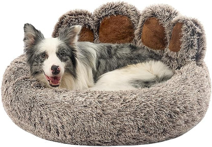 Jiupety Paw Shape Calming Pet Bed, Medium Plush Faux Fur Donut Bed for Dogs & Cats, Machine Washable, Non-Slip Bottom, Extra Large Size (32"×32"×10"), Gray