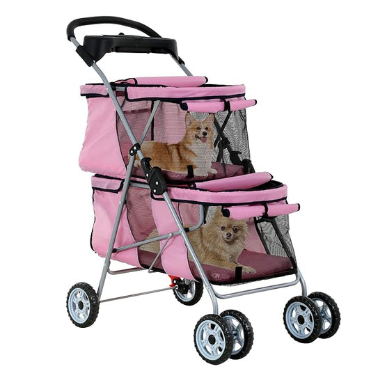 Double Layer Dog Stroller for 2 Small Dogs/Cats, 4 Wheels Pet Jogger With Removable Liner, Storage Basket, Rear Wheel Break - Folding Double Decker Portable Crate