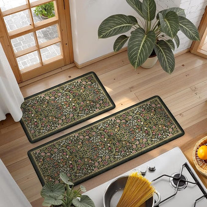 Collive Anti Fatigue Kitchen Mats, Spring Green Floral Kitchen Rugs Sets of 2 Non Slip Waterproof Standing Mat, Vintage Comfort Desk Rug for Office, Sink, Laundry, 17.3"x29"+17.3"x47"