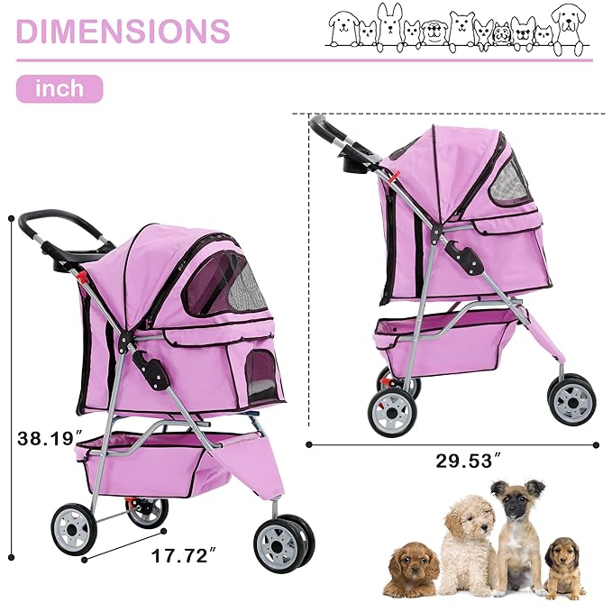 3 Wheels Dog Stroller, Foldable Pet Stroller for Small Medium Dogs, Portable Breathable Cat Stroller Dog Strollers with Storage Basket, Cup Holders, Removable Liner for Travel & Outdoor Use, Pink