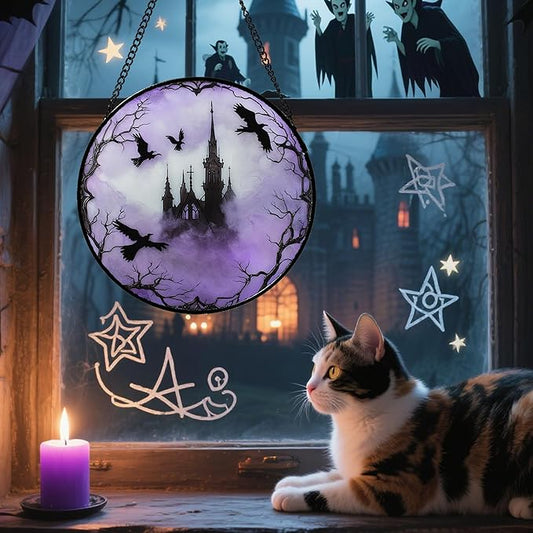 Stained Glass Window Hanging - Halloween Gothic Castle Purple Smoke Suncatcher for Doors Garden Home Spooky Crow Sun Catchers Gothic Decor Horror Gift for Women Men Friend Boy Girl 9.8 in