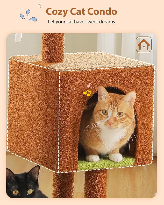 MUTTROS Mushroom Cat Tree with Sisal Scratching Posts, 35.4" Cute Cat Tower Cat Condo w/Large Green Top Perch, Soft Red Hammock, and Mushroom Dangling Ball, for Small-Medium Cats, Brown