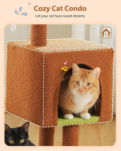 MUTTROS Mushroom Cat Tree with Sisal Scratching Posts, 35.4" Cute Cat Tower Cat Condo w/Large Green Top Perch, Soft Red Hammock, and Mushroom Dangling Ball, for Small-Medium Cats, Brown