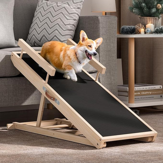 Dog Ramp for Bed, Couch, Car, Folding Pet Ramps 44.48" Long Adjustable 15"-22" Wooden Stairs with Anti-Slip Rubber Mat & Safety Side Rails for Small & Medium Old Dogs & Cats, up to 200 lbs