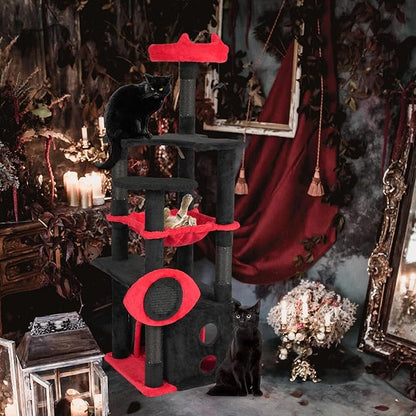 VINGLI 53.2in Gothic Cat Tower with Padded Perch & Spacious Condo, Large Cat Tree with Soft Hammock, Scratching Posts, Hanging Spider Toy, Red & Black Indoor Cat Furniture for Multiple Cats