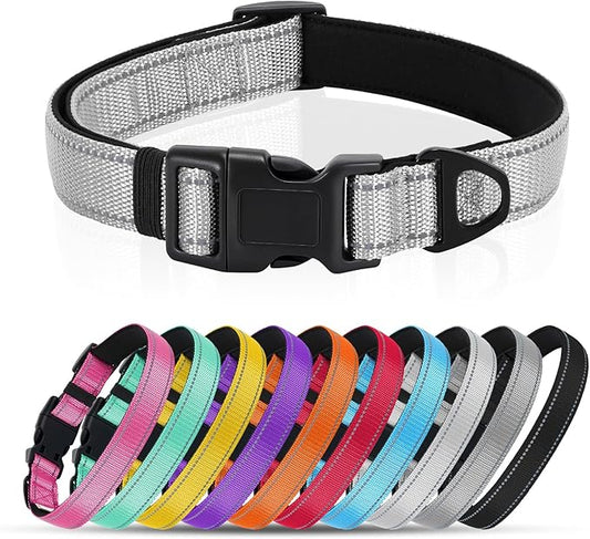 Reflective Dog Collar with Quick Release Buckle - Metal Ring - Adjustable Soft Neoprene Padded Basic Dog Collar for Small Medium Large Dogs (LightGray, Large :Width 1",Neck 15.7-23.6")