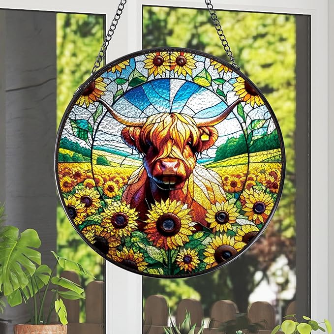 Highland Cow Stained Glass Window Hanging, 7.8" Sunflower Cow Sun Catchers Indoor Window Decor, Suncatchers for Windows Hanging Gifts for Women