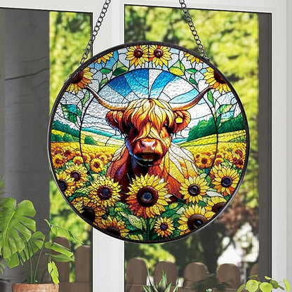Highland Cow Stained Glass Window Hanging, 7.8" Sunflower Cow Sun Catchers Indoor Window Decor, Suncatchers for Windows Hanging Gifts for Women