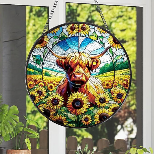 Highland Cow Stained Glass Window Hanging, 7.8" Sunflower Cow Sun Catchers Indoor Window Decor, Suncatchers for Windows Hanging Gifts for Women