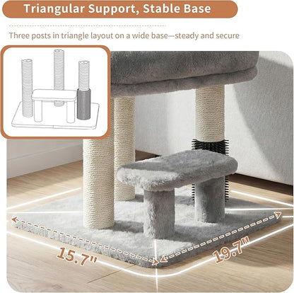 Heybly Cat Scratching Post, Small Cat Tree Tower with 3 Full Sisal Posts, Removable Plush Bed, Grooming Brush, Stable & Space-Saving Cat Furniture with Gentle Step for Indoor Cats, Light Gray HSP001SW