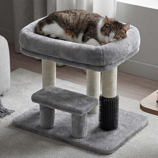 Heybly Cat Scratching Post, Small Cat Tree Tower with 3 Full Sisal Posts, Removable Plush Bed, Grooming Brush, Stable & Space-Saving Cat Furniture with Gentle Step for Indoor Cats, Light Gray HSP001SW