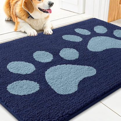 Smiry Dog Door Mat for Muddy Paws, Absorbs Moisture and Dirt, Low-Profile Entryway Mat with Non-Slip Backing, Entry Indoor Outdoor Doormat for Inside Floor (36x24 Inches, Dark Blue, Paw)