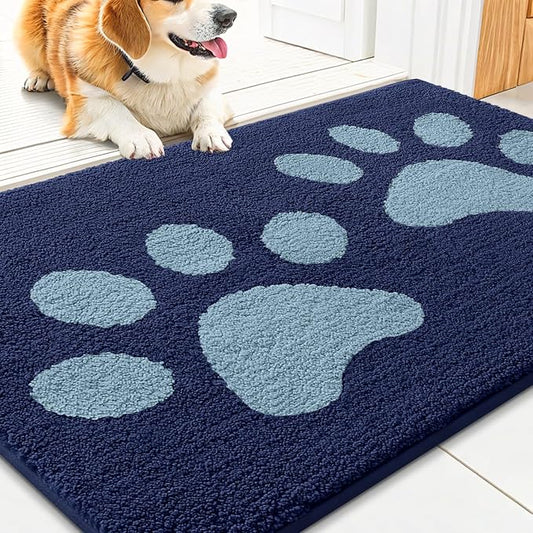 Smiry Dog Door Mat for Muddy Paws, Absorbs Moisture and Dirt, Low-Profile Entryway Mat with Non-Slip Backing, Entry Indoor Outdoor Doormat for Inside Floor (36x24 Inches, Dark Blue, Paw)