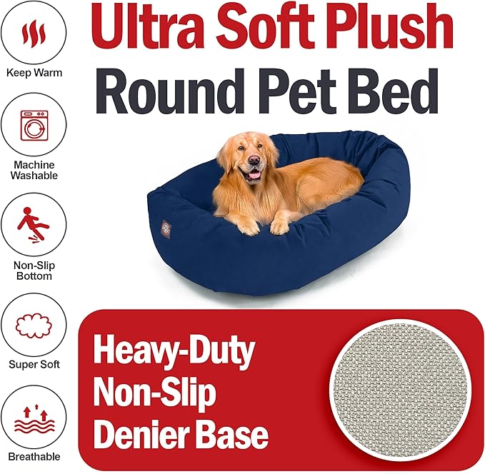 Majestic Pet 40 Inch Suede Calming Dog Bed Washable – Cozy Soft Round Dog Bed with Spine Support for Dogs to Rest Their Head - Fluffy Donut Dog Bed 40x29x9 (Inch) - Round Pet Bed Large – Navy (2025)