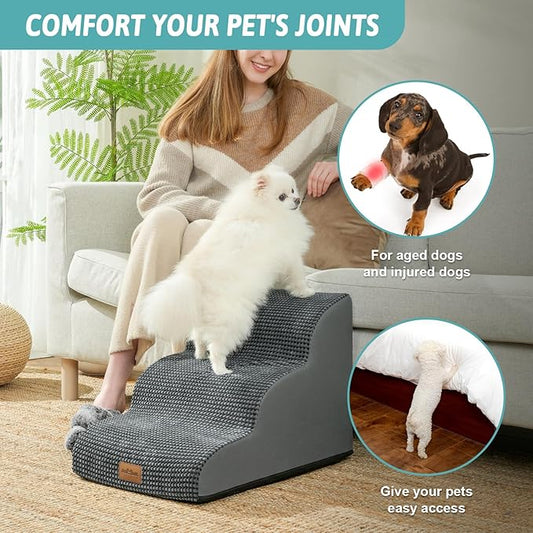 Wide Dog Stairs for Small Dog 15.7" H, Pet Step for Puppy, Older Cat, Curved Ramp for Couch, Durable Anti-Slip Ladder with High Density Foam, 3 Step, 17.7x22.4x15.7 inch, Charcoal Grey