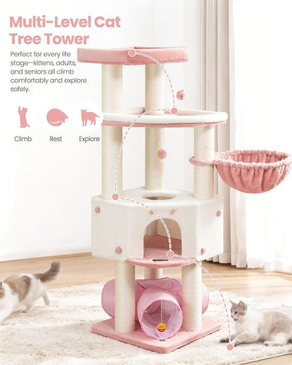 Cat Tree Tower for Large Cats Adult - 60 Inch XXL Sturdy Heavy Duty Extra Wide Scratching Posts (φ4.4in) Condo - Indoor Big Cat House Hammock Perch - XL Wood Multi Level Feline Pet Bed Trees Houses