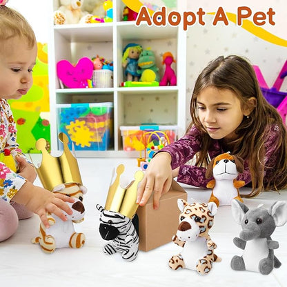 40Pcs Adopt A Pet Party Favors Mini Stuffed Animals Plush Toy Set Includes 10Pcs Safari Jungle Animal Plush Toys, Birthday Hats, Kraft Paper Boxes, Adoption Cards for Adopt A Animal Party