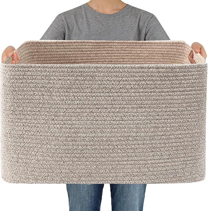 Woven Blanket Basket,96L Large Storage Bin for Blankets Toys Clothes,Decorative Rope Basket for Living Room Bedroom with Handles, Oatmeal