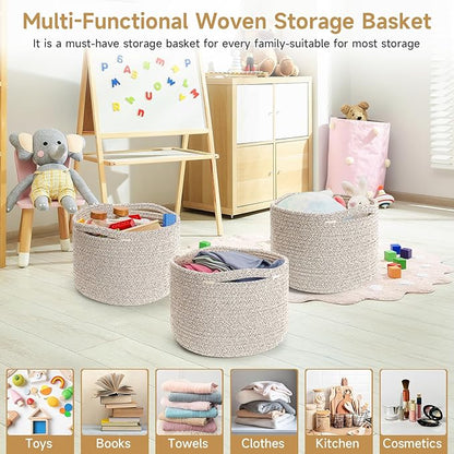 Small Rope Baskets for Storage, Baskets for Gifts Empty, Cute Round Woven Basket, Decorative Shelf Baskets 9.82×9.82×7.1", Cotton Toy Basket Storage Bins for Organizer 3 Packs-Brown