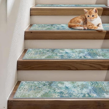 Non Slip Stair Treads for Wooden Steps 15PCS - 8"x30" Indoor Safety Carpet, Edging Mats with TPE Adhesive Backing, Pet and Elderly Friendly Stair Rugs (Abstract Blue Green)