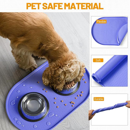Hubulk 100% Waterproof Silicone Pet Feeding Mat with Raised Edge for Food and Water, Dog Bowl Mats, Cat Bowls Placemat with High Lip Protects Floor for Cats and Dogs (Purple, 24" L x 16" W)