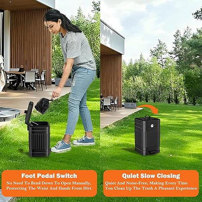 Dog Poop Trash Can Outside, 5L/1.3Gal Metal Dog Waste Trash Can with Lid, Foot Pedal, Pet Waste Container with 40 Bags, Poop Bucket with Lid Soft Close for Pet, Black