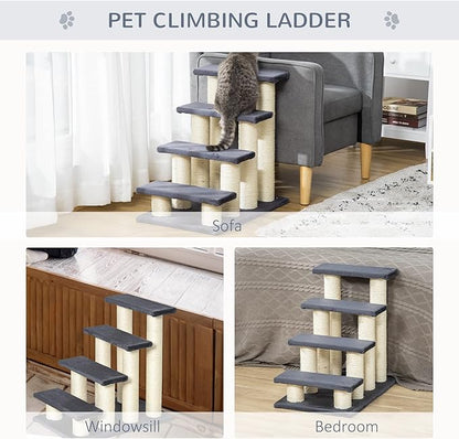 PawHut Cat Tree with 4 Steps for High Beds Couch, Cute Stair Shaped Cat Tree for Indoor Cats or Dogs w/Sisal Scratching Post, Climbing, Playing, Gray