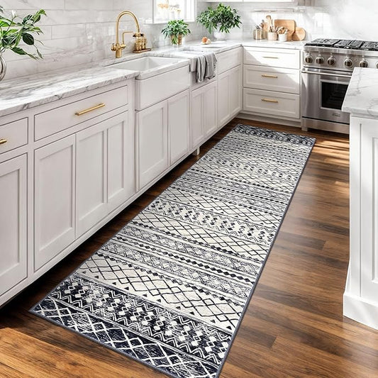 KUTA Moroccan Washable Kitchen Rug, 2x7 Non-Slip Vintage Black Navy Blue Boho Hallway Runner Rugs Ultra Soft Distressed Geometric Floor Carpet Runners for Bedroom Laundry Living Room
