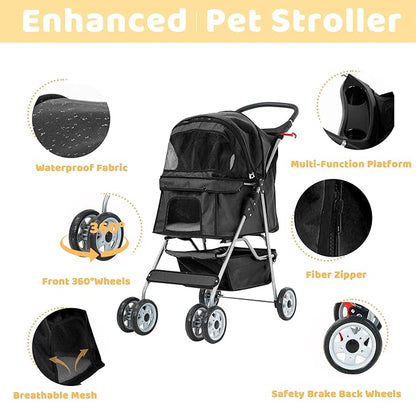 Pet Stroller for Small Medium Dogs & Cats, 4-Wheel Breathable Compact Foldable Dog Carrier with Storage Basket, Outdoor Portable Lightweight Travel Stroller for Camping,Black